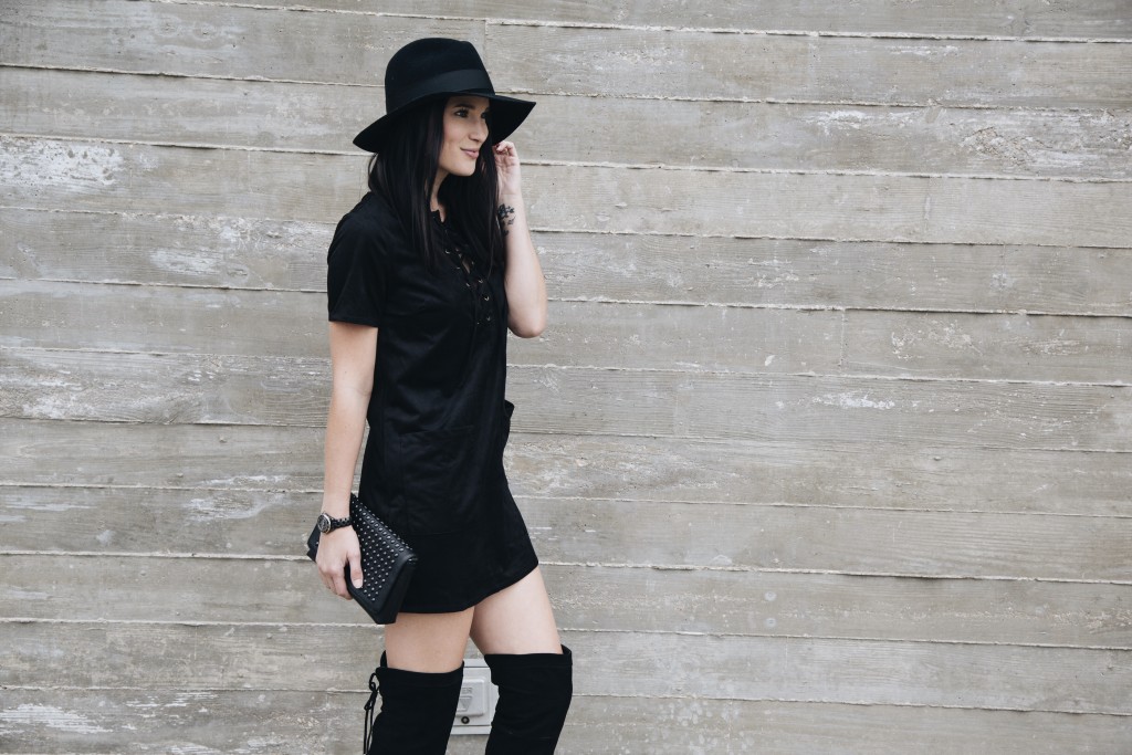 Faux Suede Lace Up Dress | black suede dress | otk boots | how to style a suede dress | suede dress style ideas | fall fashion tips | fall outfit ideas | fall style tips | what to wear for fall | cool weather fashion | fashion for fall | style tips for fall | outfit ideas for fall || Dressed to Kill #suededress #otkboots #blackdress #lbd