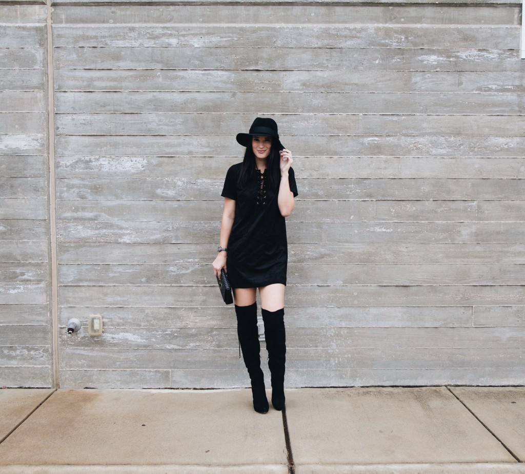 Faux Suede Lace Up Dress | black suede dress | otk boots | how to style a suede dress | suede dress style ideas | fall fashion tips | fall outfit ideas | fall style tips | what to wear for fall | cool weather fashion | fashion for fall | style tips for fall | outfit ideas for fall || Dressed to Kill #suededress #otkboots #blackdress #lbd