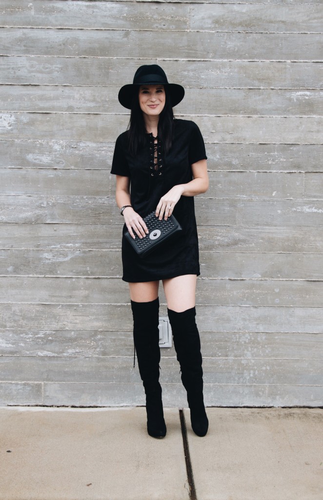 Faux Suede Lace Up Dress | black suede dress | otk boots | how to style a suede dress | suede dress style ideas | fall fashion tips | fall outfit ideas | fall style tips | what to wear for fall | cool weather fashion | fashion for fall | style tips for fall | outfit ideas for fall || Dressed to Kill #suededress #otkboots #blackdress #lbd