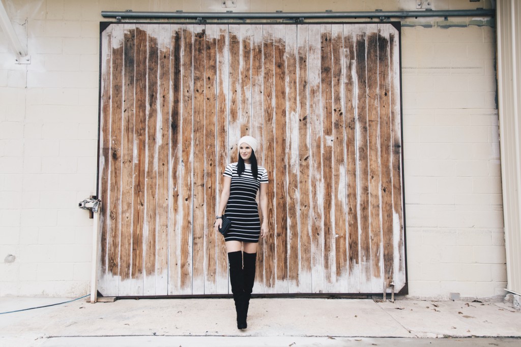 Black and White Striped Dress + OTK Boots | how to style a striped dress | how to wear a striped dress | fall dresses | dresses for fall | fall fashion tips | fall outfit ideas | fall style tips | what to wear for fall | cool weather fashion | fashion for fall | style tips for fall | outfit ideas for fall || Dressed to Kill #stripeddress #otkboots #blackandwhite 