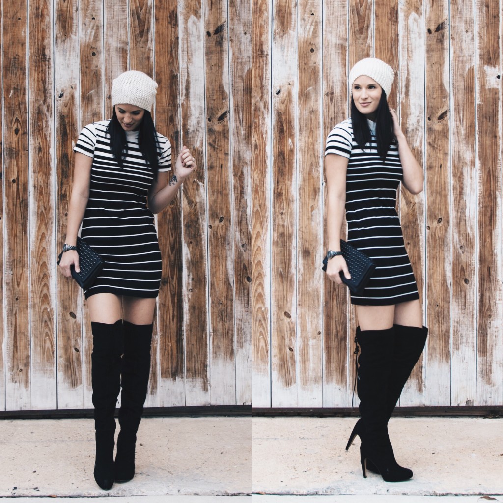 Black and White Striped Dress + OTK Boots | how to style a striped dress | how to wear a striped dress | fall dresses | dresses for fall | fall fashion tips | fall outfit ideas | fall style tips | what to wear for fall | cool weather fashion | fashion for fall | style tips for fall | outfit ideas for fall || Dressed to Kill #stripeddress #otkboots #blackandwhite 