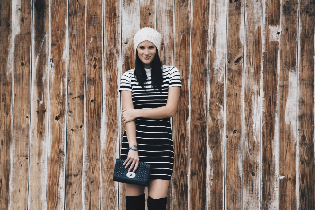 Black and White Striped Dress + OTK Boots | how to style a striped dress | how to wear a striped dress | fall dresses | dresses for fall | fall fashion tips | fall outfit ideas | fall style tips | what to wear for fall | cool weather fashion | fashion for fall | style tips for fall | outfit ideas for fall || Dressed to Kill #stripeddress #otkboots #blackandwhite 
