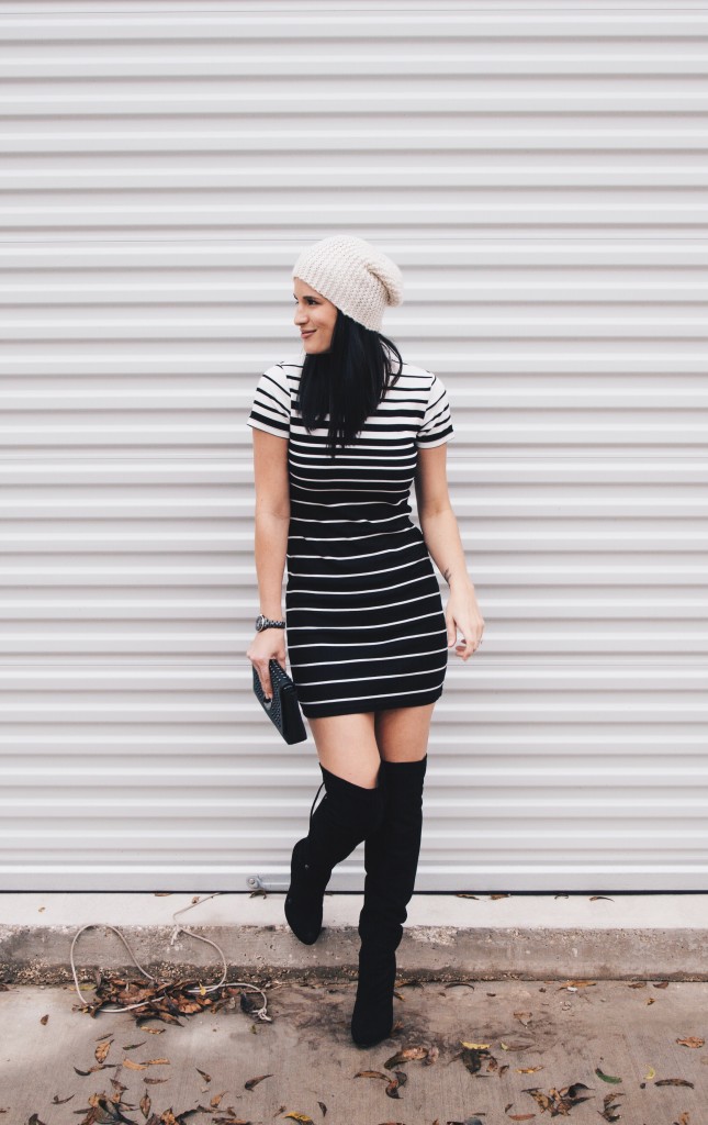 Black and White Striped Dress + OTK Boots | how to style a striped dress | how to wear a striped dress | fall dresses | dresses for fall | fall fashion tips | fall outfit ideas | fall style tips | what to wear for fall | cool weather fashion | fashion for fall | style tips for fall | outfit ideas for fall || Dressed to Kill #stripeddress #otkboots #blackandwhite 