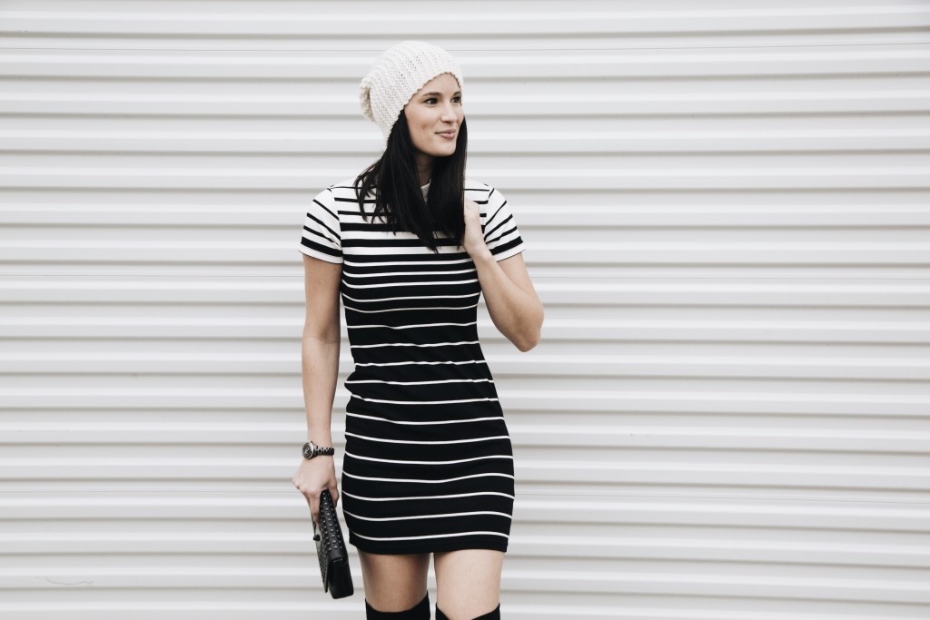 Black and White Striped Dress + OTK Boots | how to style a striped dress | how to wear a striped dress | fall dresses | dresses for fall | fall fashion tips | fall outfit ideas | fall style tips | what to wear for fall | cool weather fashion | fashion for fall | style tips for fall | outfit ideas for fall || Dressed to Kill #stripeddress #otkboots #blackandwhite 